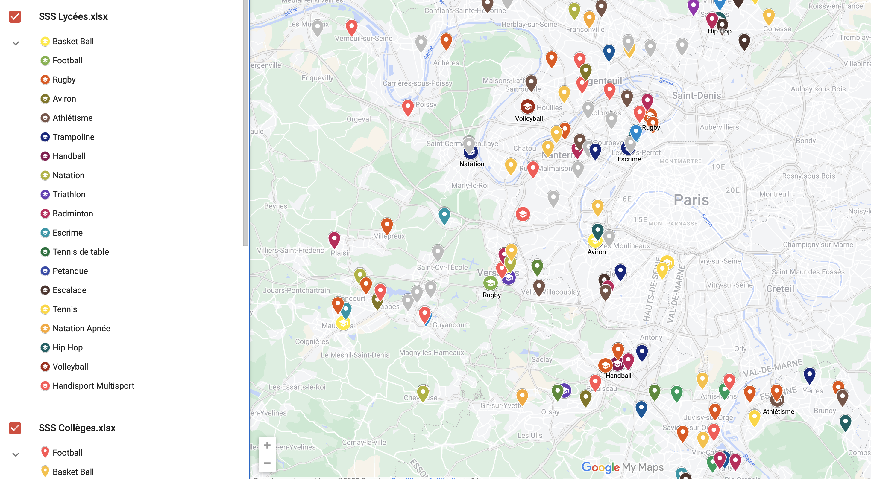 Carte géographique des différentes sections sportives scolaires existantes dans l'Académie